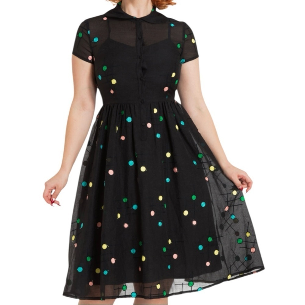 NWT Voodoo Vixen Sallie 50s Flared Dress Black Multicolor Embroidered Dot Small